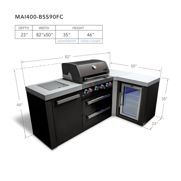 Mont Alpi 4-Burner Black Stainless Steel Island With 90-Degree Corner And Fridge Cabinet