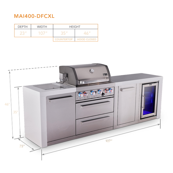 Mont Alpi 4-Burner Deluxe Series Outdoor Kitchen Island with Fridge and Extra Storage Cabinet - MAi400-DFCXL
