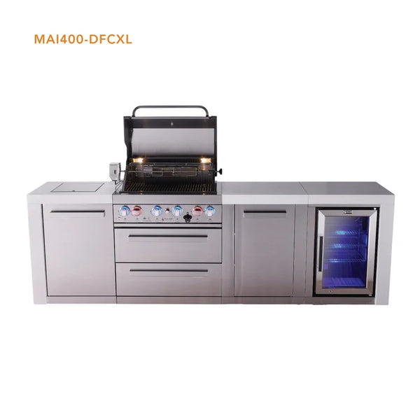 Mont Alpi 4-Burner Deluxe Series Outdoor Kitchen Island with Fridge and Extra Storage Cabinet - MAi400-DFCXL