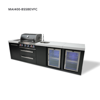 Mont Alpi 4-Burner Black Stainless Steel Island With Beverage Center And Fridge Cabinet