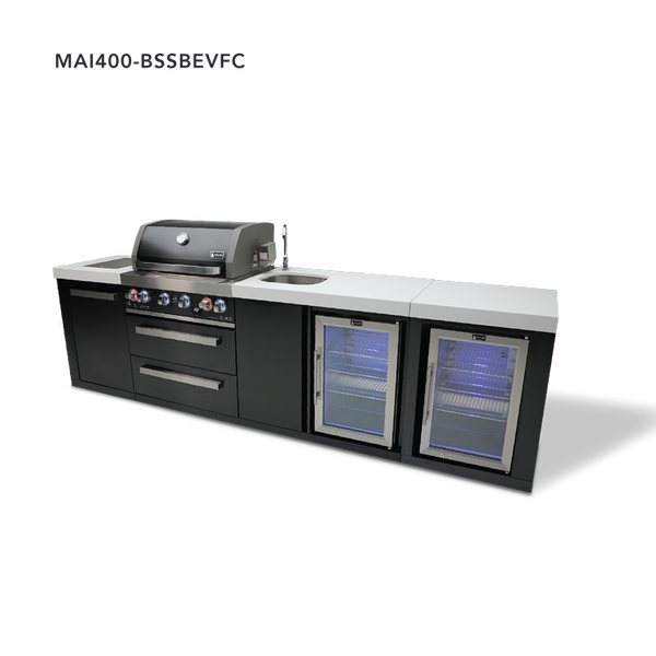 Mont Alpi 4-Burner Black Stainless Steel Island With Beverage Center And Fridge Cabinet