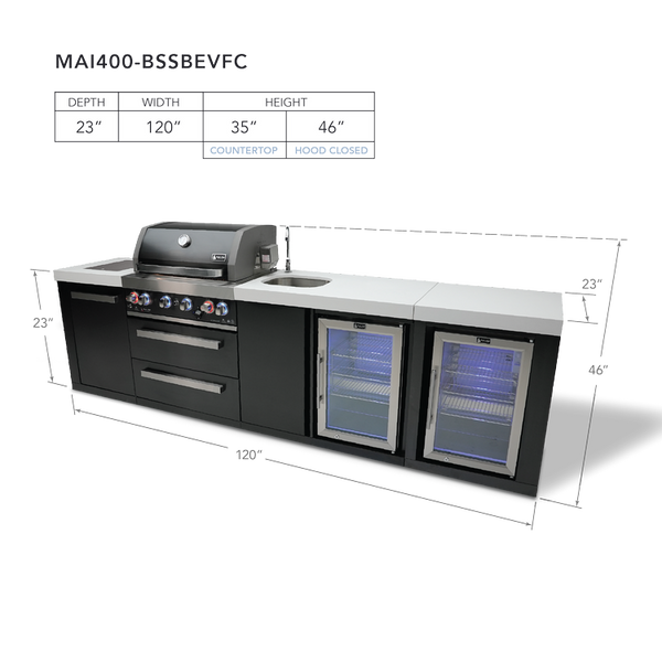 Mont Alpi 4-Burner Black Stainless Steel Island With Beverage Center And Fridge Cabinet