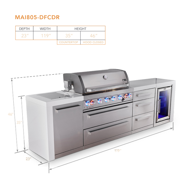 Mont Alpi 6 Burner Deluxe Series Outdoor Kitchen Island with Fridge and Extra Drawer Slides Cabinet - MAi805-DFCDR