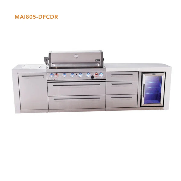Mont Alpi 6 Burner Deluxe Series Outdoor Kitchen Island with Fridge and Extra Drawer Slides Cabinet - MAi805-DFCDR
