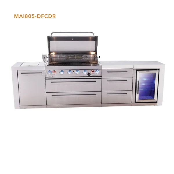 Mont Alpi 6 Burner Deluxe Series Outdoor Kitchen Island with Fridge and Extra Drawer Slides Cabinet - MAi805-DFCDR