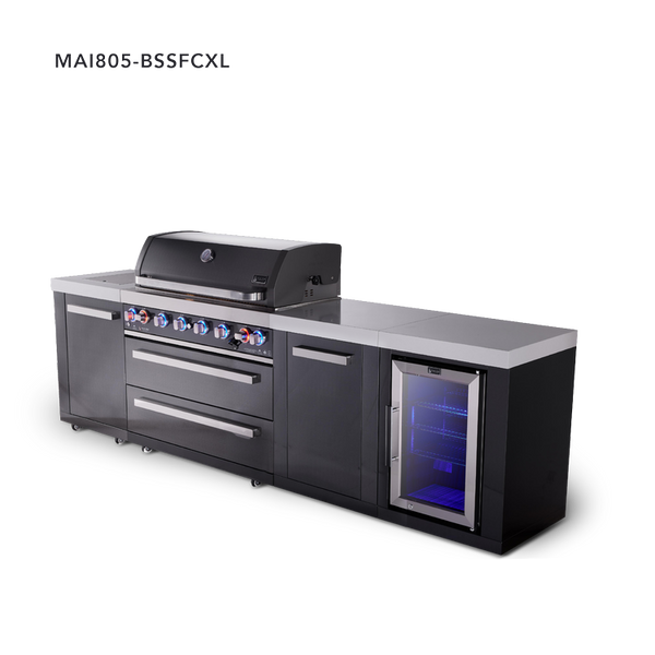 Mont Alpi 6-Burner Black Series Outdoor Kitchen Island With Fridge Module And XL Extra Cabinet