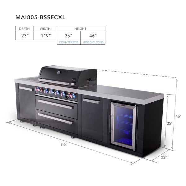 Mont Alpi 6-Burner Black Series Outdoor Kitchen Island With Fridge Module And XL Extra Cabinet