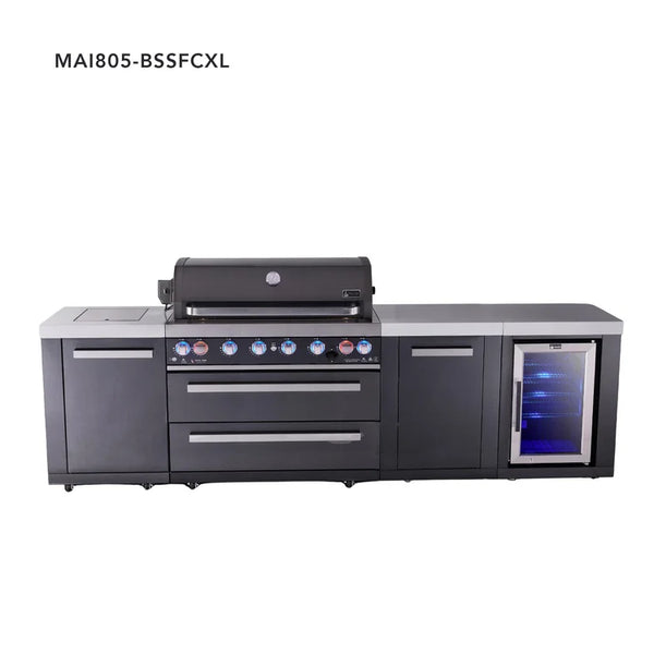 Mont Alpi 6-Burner Black Series Outdoor Kitchen Island With Fridge Module And XL Extra Cabinet