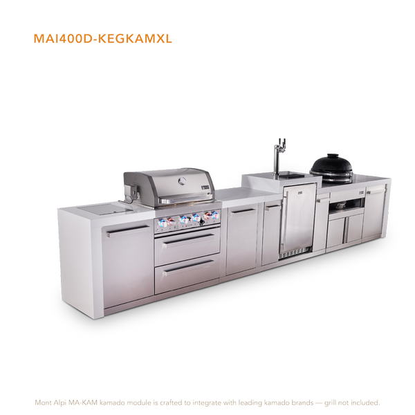Mont Alpi 4-Burner Deluxe Series Outdoor Kitchen Island With Kegerator And Kamado Module Plus Extra Storage Cabinet