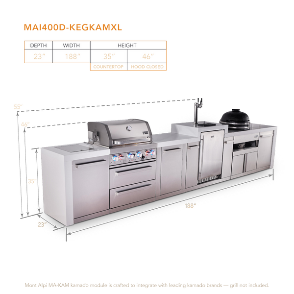 Mont Alpi 4-Burner Deluxe Series Outdoor Kitchen Island With Kegerator And Kamado Module Plus Extra Storage Cabinet