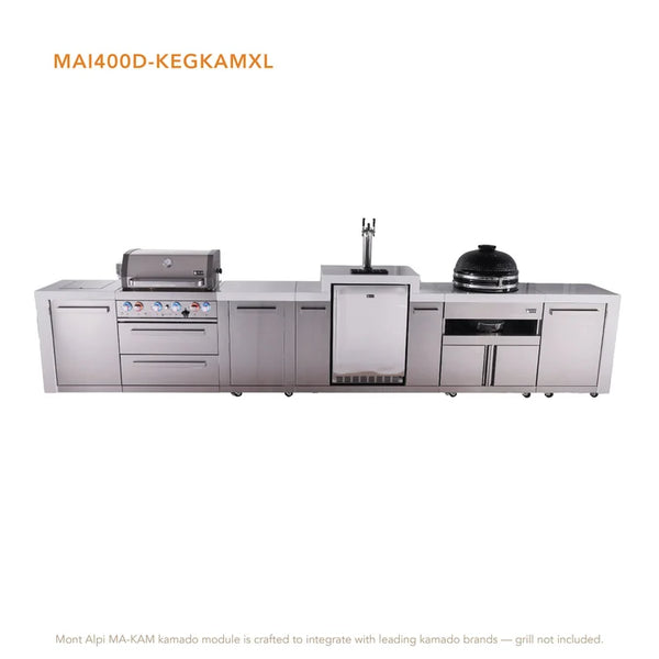 Mont Alpi 4-Burner Deluxe Series Outdoor Kitchen Island With Kegerator And Kamado Module Plus Extra Storage Cabinet