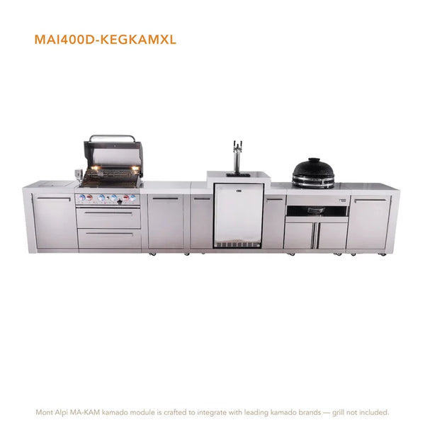 Mont Alpi 4-Burner Deluxe Series Outdoor Kitchen Island With Kegerator And Kamado Module Plus Extra Storage Cabinet