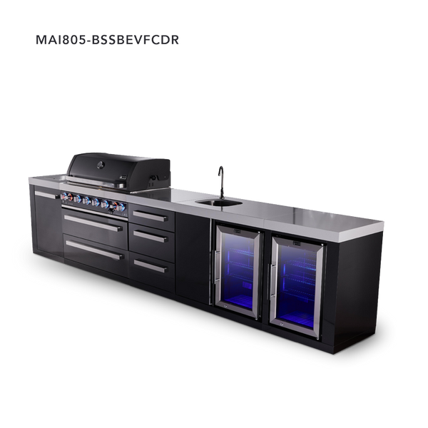 Mont Alpi 6-Burner Black Series Outdoor Kitchen Island With Beverage Center, Fridge And 3-Drawer Cabinet