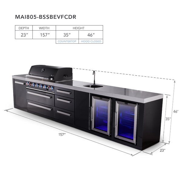 Mont Alpi 6-Burner Black Series Outdoor Kitchen Island With Beverage Center, Fridge And 3-Drawer Cabinet