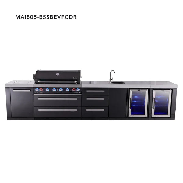 Mont Alpi 6-Burner Black Series Outdoor Kitchen Island With Beverage Center, Fridge And 3-Drawer Cabinet