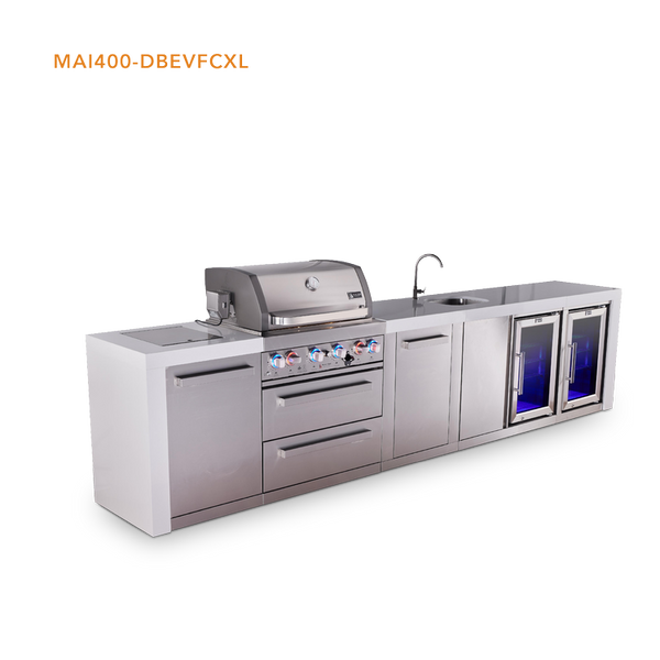 Mont Alpi 4 Burner Deluxe Series Outdoor Kitchen Island with Beverage Center and Corner Fridge Module
