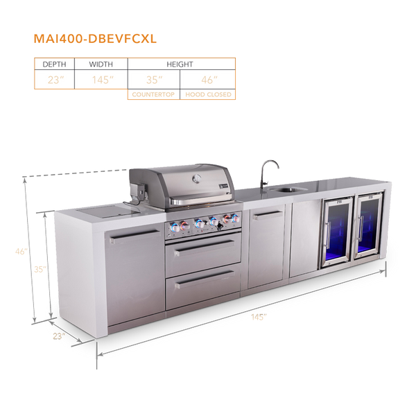 Mont Alpi 4 Burner Deluxe Series Outdoor Kitchen Island with Beverage Center and Corner Fridge Module