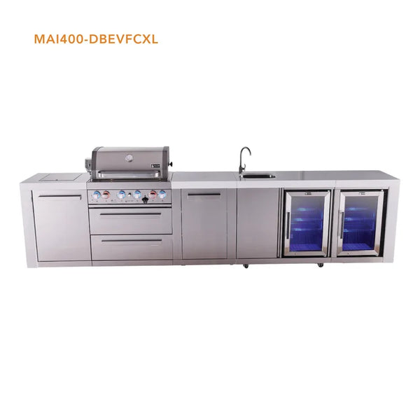 Mont Alpi 4 Burner Deluxe Series Outdoor Kitchen Island with Beverage Center and Corner Fridge Module