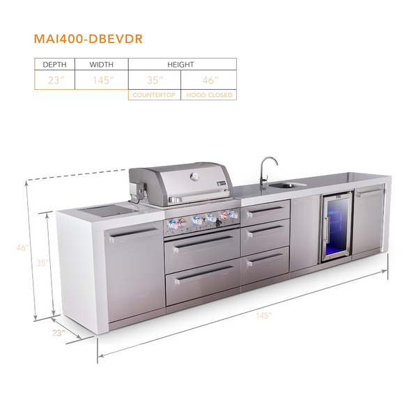 Mont Alpi 4-Burner Deluxe Series Outdoor Kitchen Island With Beverage Center And Extra Storage Drawer Slides - MAi400-DBEVDR