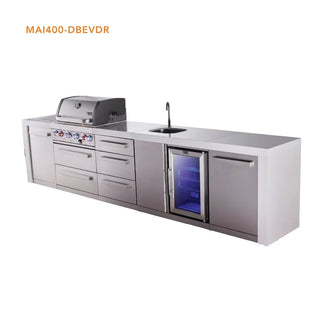 Mont Alpi 4-Burner Deluxe Series Outdoor Kitchen Island With Beverage Center And Extra Storage Drawer Slides - MAi400-DBEVDR
