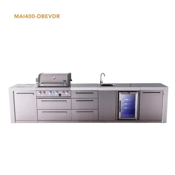 Mont Alpi 4-Burner Deluxe Series Outdoor Kitchen Island With Beverage Center And Extra Storage Drawer Slides - MAi400-DBEVDR