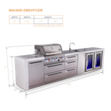 Mont Alpi 4-Burner Deluxe Series Outdoor Kitchen Island With Beverage Center And Deluxe Fridge Module Plus Extra Drawer Cabinet - MAi400-DBEVFCDR