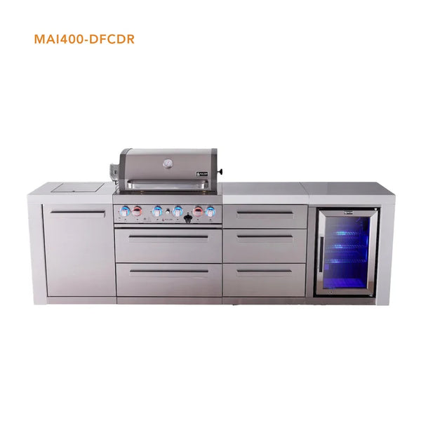 Mont Alpi 4-Burner Deluxe Series Outdoor Kitchen Island With Fridge And Extra Drawer Slides Cabinet - MAi400-DFCDR