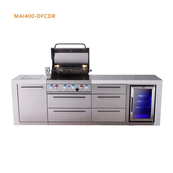 Mont Alpi 4-Burner Deluxe Series Outdoor Kitchen Island With Fridge And Extra Drawer Slides Cabinet - MAi400-DFCDR