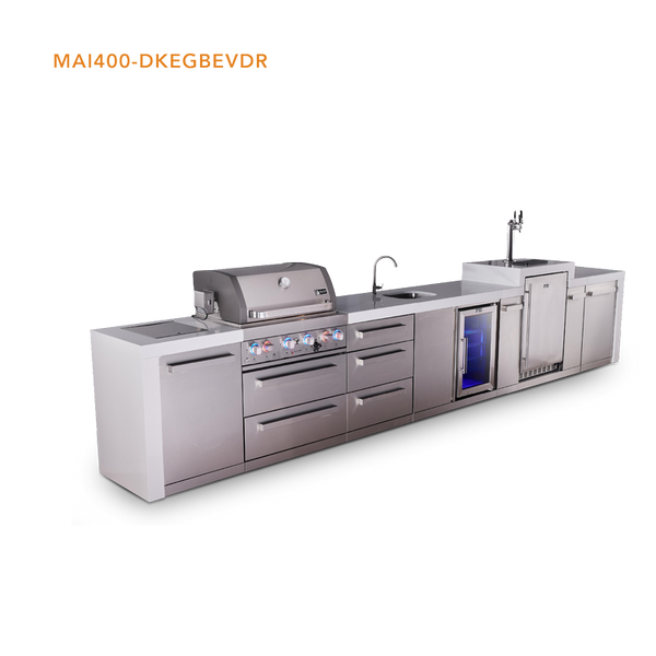 Mont Alpi 4-Burner Deluxe Series Outdoor Kitchen Island With Beverage Center And Kegerator Module Plus Extra Storage Drawer Slides - MAi400-DKEGBEVDR