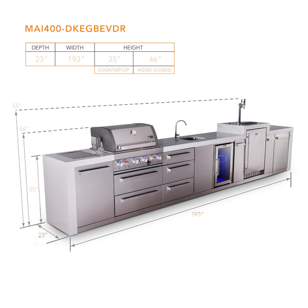 Mont Alpi 4-Burner Deluxe Series Outdoor Kitchen Island With Beverage Center And Kegerator Module Plus Extra Storage Drawer Slides - MAi400-DKEGBEVDR