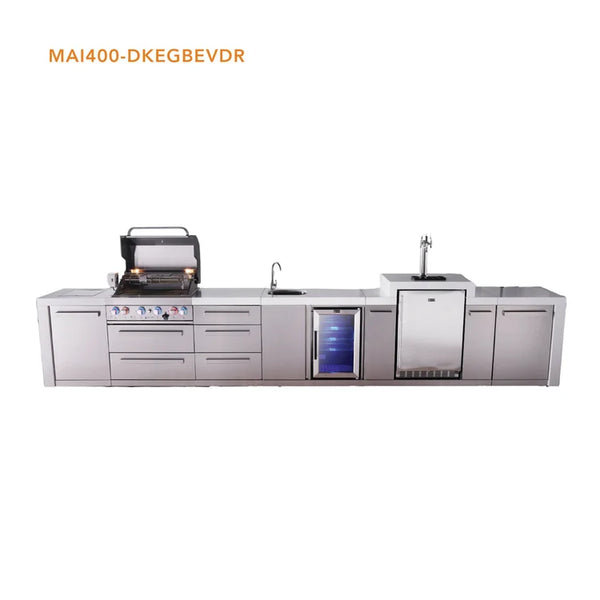Mont Alpi 4-Burner Deluxe Series Outdoor Kitchen Island With Beverage Center And Kegerator Module Plus Extra Storage Drawer Slides - MAi400-DKEGBEVDR