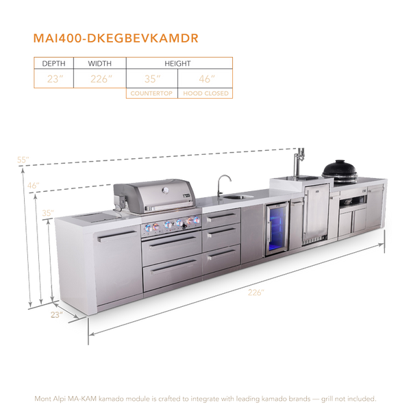 Mont Alpi 4-Burner Deluxe Series Outdoor Kitchen Island With Beverage Center, Kegerator And Kamado Grill Module Plus Extra Storage Drawer Slides - MAi400-DKEGBEVKAMDR