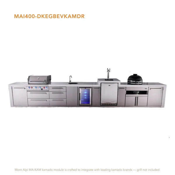 Mont Alpi 4-Burner Deluxe Series Outdoor Kitchen Island With Beverage Center, Kegerator And Kamado Grill Module Plus Extra Storage Drawer Slides - MAi400-DKEGBEVKAMDR