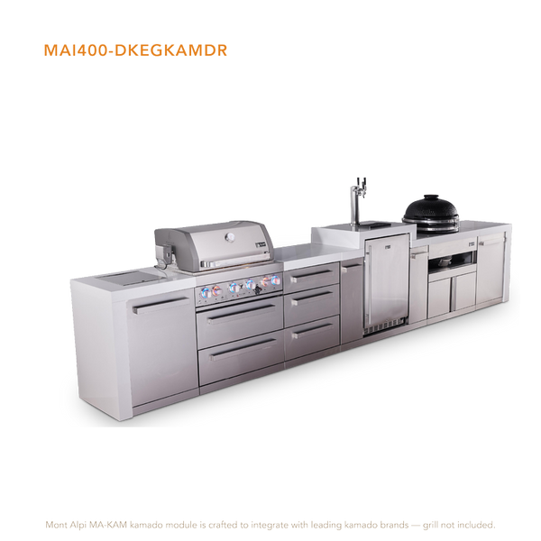 Mont Alpi 4-Burner Deluxe Series Outdoor Kitchen Island With Kegerator And Kamado Grill Module Plus Extra Storage Drawer Slides - MAi400-DKEGKAMDR