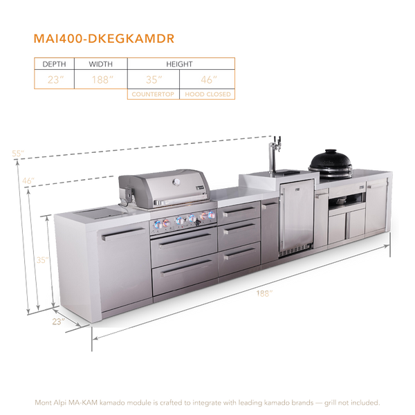 Mont Alpi 4-Burner Deluxe Series Outdoor Kitchen Island With Kegerator And Kamado Grill Module Plus Extra Storage Drawer Slides - MAi400-DKEGKAMDR