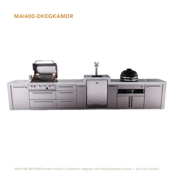Mont Alpi 4-Burner Deluxe Series Outdoor Kitchen Island With Kegerator And Kamado Grill Module Plus Extra Storage Drawer Slides - MAi400-DKEGKAMDR