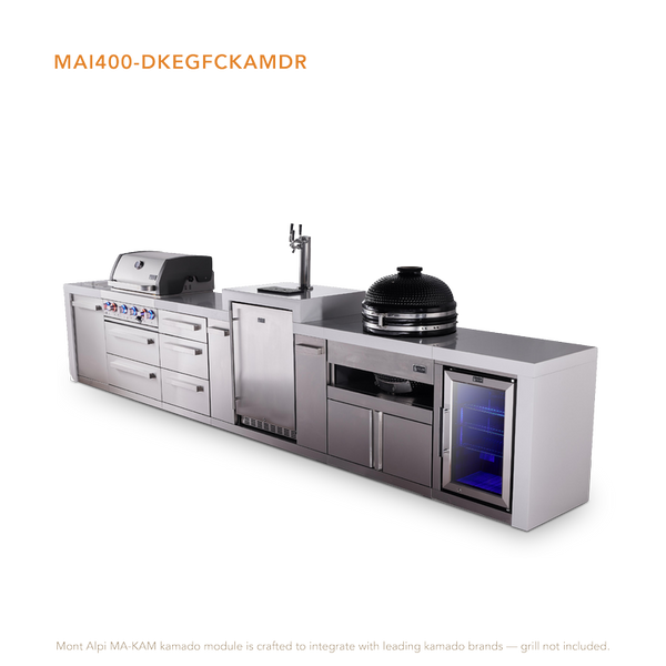 Mont Alpi 4-Burner Deluxe Series Outdoor Kitchen Island With Kegerator, Kamado And Corner Fridge Module Plus Extra Drawers Slide Cabinet - MAi400-DKEGFCKAMDR
