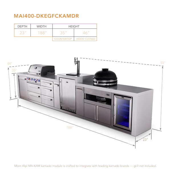 Mont Alpi 4-Burner Deluxe Series Outdoor Kitchen Island With Kegerator, Kamado And Corner Fridge Module Plus Extra Drawers Slide Cabinet - MAi400-DKEGFCKAMDR