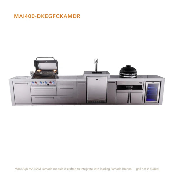 Mont Alpi 4-Burner Deluxe Series Outdoor Kitchen Island With Kegerator, Kamado And Corner Fridge Module Plus Extra Drawers Slide Cabinet - MAi400-DKEGFCKAMDR