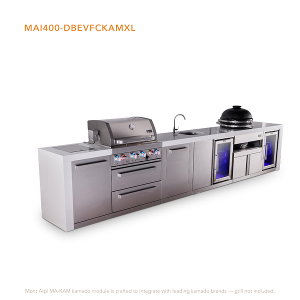 Mont Alpi 4-Burner Deluxe Series Outdoor Kitchen Island With Beverage Center, Kamado And Corner Fridge Module