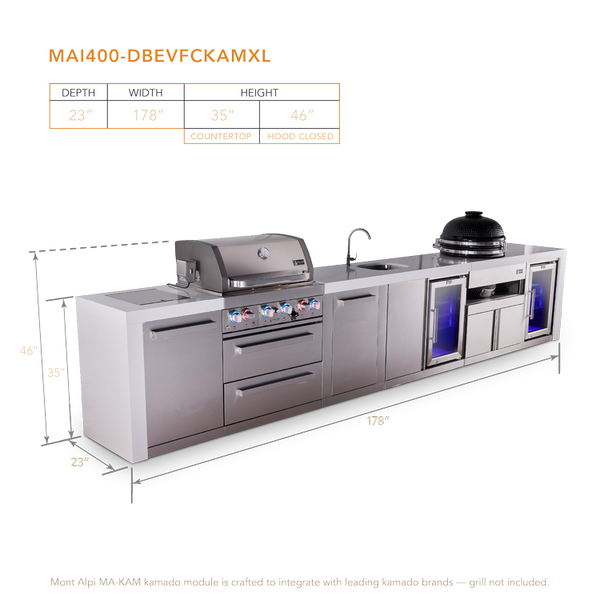 Mont Alpi 4-Burner Deluxe Series Outdoor Kitchen Island With Beverage Center, Kamado And Corner Fridge Module