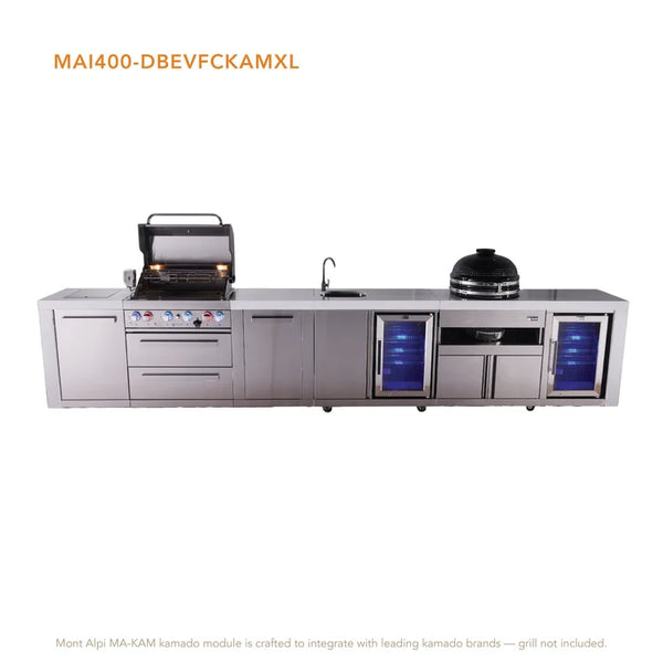 Mont Alpi 4-Burner Deluxe Series Outdoor Kitchen Island With Beverage Center, Kamado And Corner Fridge Module