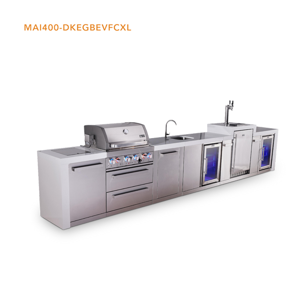 Mont Alpi 4 Burner Deluxe Series Outdoor Kitchen Island with Beverage Center, Kegerator and Corner Fridge Module -MAi400-DKEGBEVFCXL
