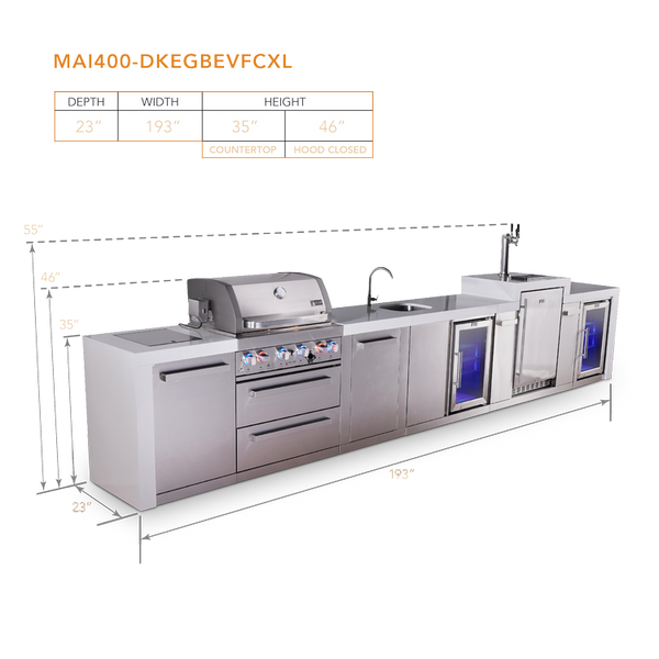 Mont Alpi 4 Burner Deluxe Series Outdoor Kitchen Island with Beverage Center, Kegerator and Corner Fridge Module -MAi400-DKEGBEVFCXL