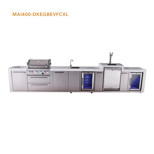 Mont Alpi 4 Burner Deluxe Series Outdoor Kitchen Island with Beverage Center, Kegerator and Corner Fridge Module -MAi400-DKEGBEVFCXL