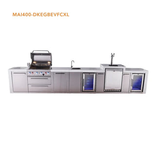 Mont Alpi 4 Burner Deluxe Series Outdoor Kitchen Island with Beverage Center, Kegerator and Corner Fridge Module -MAi400-DKEGBEVFCXL