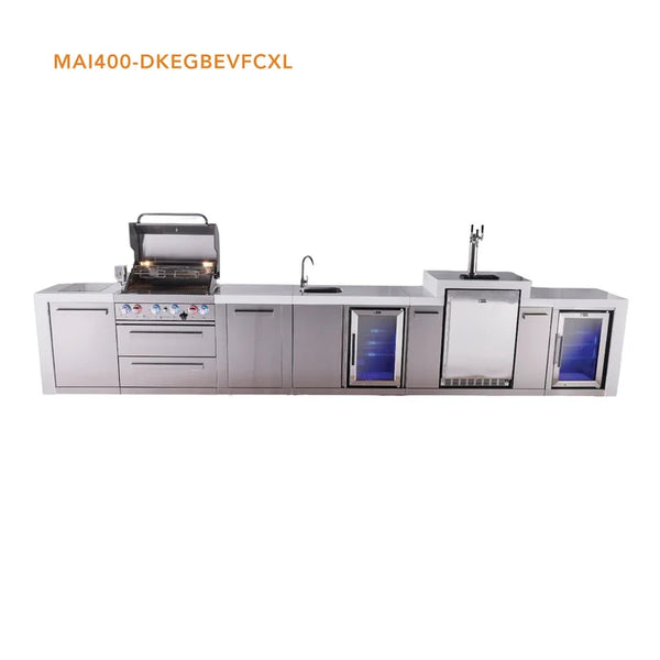 Mont Alpi 4 Burner Deluxe Series Outdoor Kitchen Island with Beverage Center, Kegerator and Corner Fridge Module -MAi400-DKEGBEVFCXL