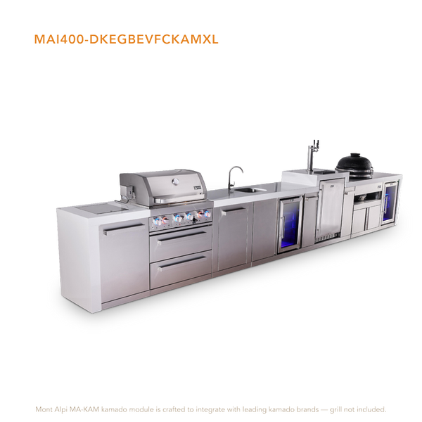 Mont Alpi 4-Burner Deluxe Series Outdoor Kitchen Island With Beverage Center, Kegerator, Kamado Module And Corner Fridge