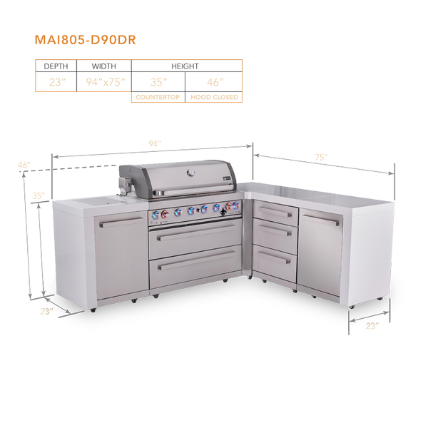 Mont Alpi 6 Burner L Shaped Deluxe Series Outdoor Kitchen Island with Extra Drawer Slides Cabinet Module - MAi805-D90DR