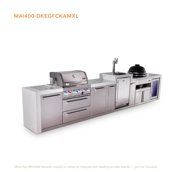 Mont Alpi 4-Burner Deluxe Series Outdoor Kitchen Island With Kegerator, Kamado Module And Corner Fridge Module Plus Extra Storage Cabinet
